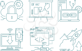 Web development icon. Design and code developers web design production concept symbols search and seo vector. Illustration of optimization management and development web search