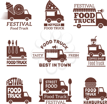 Food truck logo. Street festival van fast catering outdoor kitchen vector labels and badges monochrome style. Illustration of festival delivery street, restaurant van badge