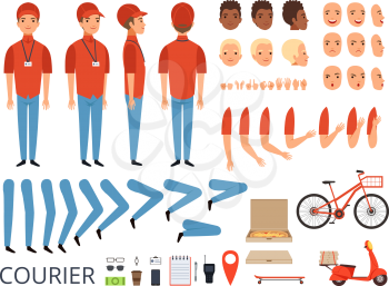 Pizza delivery animation. Fast food courier body parts with professional items box bike vector character creation kit. Courier creation kit hand and foot illustration