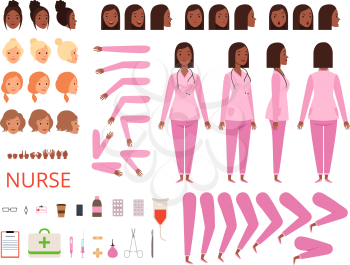 Female doctor animation. Nurse hospital character body parts and clothes healthcare mascot creation kit vector. Illustration of medical female animation, doctor and nurse