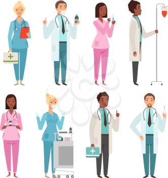 Medic characters. Hospital stuff male and female nurse doctors emergency workers vector mascots. Illustration of nurse and doctor, hospital professional staff