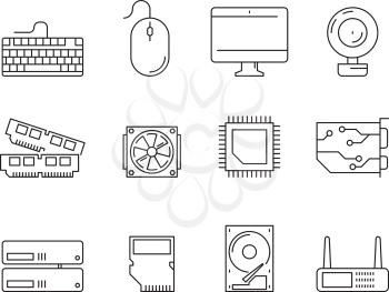 Pc components icons. Processor ssd cpu power adapter ram memory and hdd linear vector symbols isolated. Illustration of ssd and hardware, cpu processor
