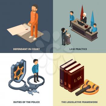 Legal isometric concept. Lawyer judge richter accused justice books hammer and other symbols 3d vector illustrations. Legal justice and judge law, isometric of lawyer 3d