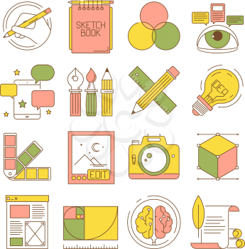 Design process icons. Packing art creative web products and services blogging retouch stationary vector flat pictures. Tools stationary, modeling and editor, pen and ruler illustration