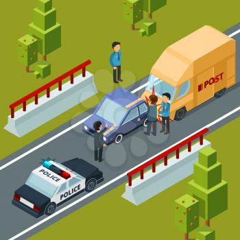 Accident on city road. Polices car and disasters vector isometric urban scene. Illustration of road car accident street