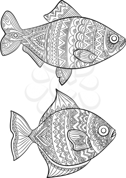 Fish coloring pages. Fashion drawing ocean animals drawings for adults books linear art vector line. Fish coloring drawing, ocean or sea animal sketch illustration