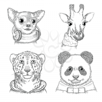 Fashion animals. Hand drawn hipster porterts in various funny clothes vector animals picture for adults. Hipster animal panda and giraffe, lynx and dog illustration