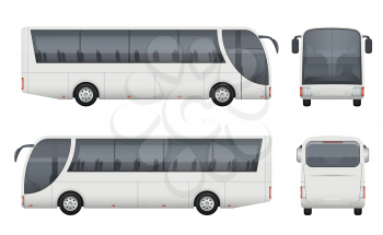 Travel bus realistic. Tourism autobus mockup cargo car front side view vector pictures set isolated. Bus auto car, truck passenger illustration