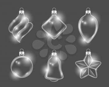 Xmas glass toys. New year balls stars and gifts boules vector 3d realistic pictures. Illustration of christmas glass toys, star and ball form