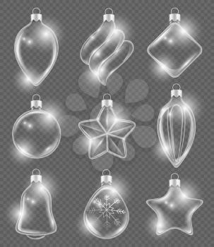 Xmas realistic balls. New year glass toys holiday transparent decoration ribbons ornament vector 3d pictures background. Glass ball glittering, realistic bell form toy for tree illustration
