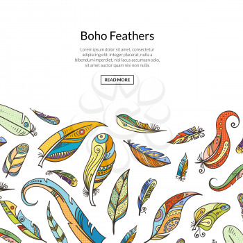 Vector boho doodle feathers background illustration banner. Web page with place for text