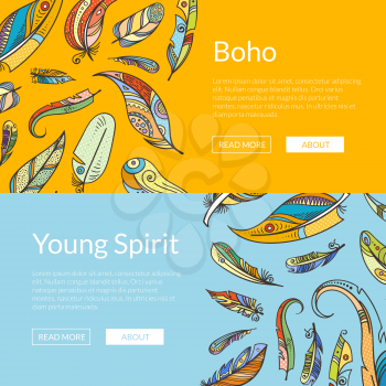 Vector boho doodle feathers web banner templates and poster page illustration