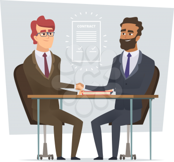 Sign contract. Business meeting selling deal traders dialogue partnership vector cartoon characters isolated. Contract partnership, meeting and deal illustration