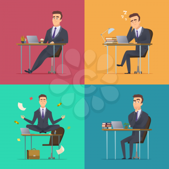 Businessman scenes. Office manager or director various poses sitting desk works sleeping meditates thinking wor routine vector concept. Illustration of business person sleep and work