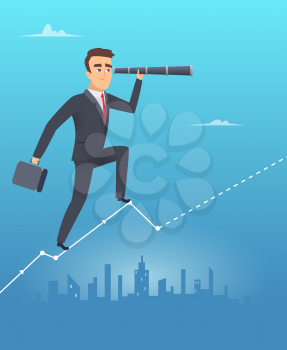 Business vision concept. Male businessman stands on chart looks through telescope professional control corporate growth vector. Illustration of business male with telescope