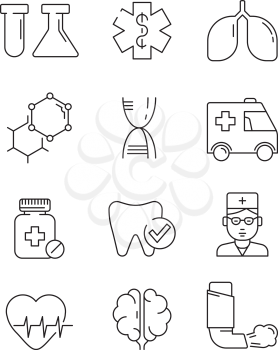 Medical icons. Surgery anatomy doctors disease vector healthcare vector line symbols. Illustration of icon set linear, science and medication