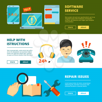 Customer service banners. Technical support online 24h help chat admin consultant in headset vector flat pictures. Illustration of support call and help service