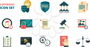 Patent copyright icons. Intellectual property individual personal rights legal regulation quality administration vector symbols. Right copyright and trademark, protection author brand illustration