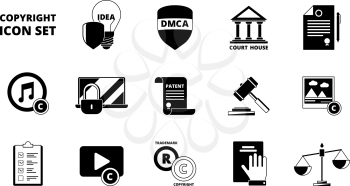 Policy copyright icon. Terms and conditions legal patent compliance standards individual rights protection vector black symbols. Individual copyright and trademark protection illustration