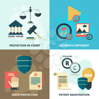 Copyright legal icon. Patient compliance quality regulations security company vector symbols collection. Author copyright, protection license, patent registration illustration