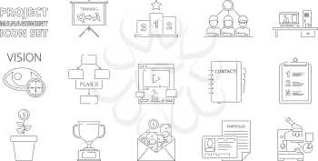 Project management symbols. Business planning processes web crm systems for work plan and strategy vector thin line pictures. Illustration of project organization icons linear style