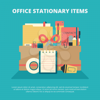 Office stationary collection. Business gadgets manager education supply folder paper book pen pencil stapler vector composition. Stationery office tools, pencil and eraser, tape and pen illustration