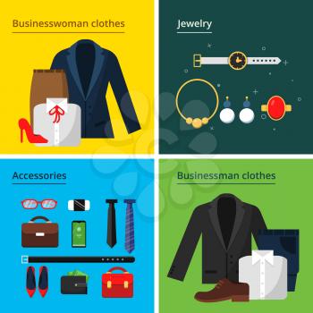 Business clothes. Male and female office wardrobe business style skirt suit jacket hat bag and self items vector concept illustration. Business clothing female and male, wardrobe and self jewelry