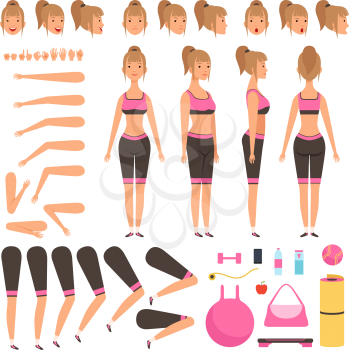 Sport girl animation. Fitness female characters body parts arms hands foot athlete workout vector constructor. Girl body, face and accessory for sport illustration