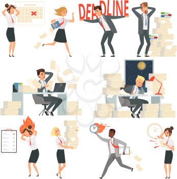 Stressed office people. Overworked deadline time busy business managers night workers vector cartoon characters. Illustration of business office stress, people worker deadline