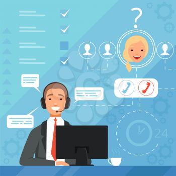 Customer service concept. 24h business online support managers operators complaint vector background illustration. Support service communication, customer help