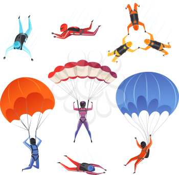 Parachute jumpers. Extreme sport skydiving paragliding male and female sportsmen in sky vector characters. Illustration of jumper and parachuting, skydiver jumping