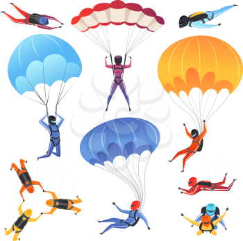 Extreme parachute sport. Adrenaline characters jumping paragliding and skydiving fly aerodynamics vector picture isolated. Skydiver jumping, parachuting sport, paragliding illustration