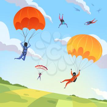 Parachute jumpers sky. Extreme sport hobbies adrenaline character flying action pose skydiving paraplanners vector cartoon background. Skydiving extreme, jumper parachuting illustration