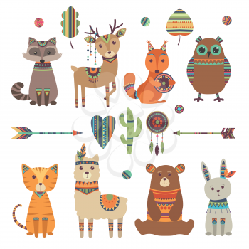 Cute ethnic animals. Tribal kid wild zoo bear owl raccoon tiger with feathers arrows and patterns vector design characters. Illustration of ethnic tribe rabbit and bear characters