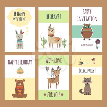 Tribal animals cards. Cute zoo characters squirrel llama hare fox deer lion elephant bear with feather vector poster template for kids. Illustration of bear animal ethnic tribe, rabbit and llama