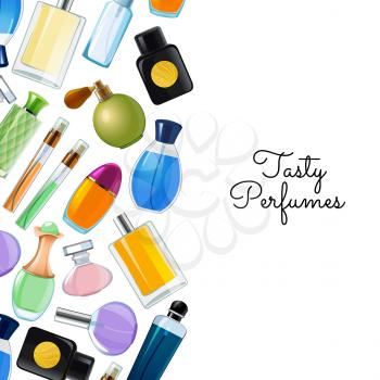 Vector poster with colored perfume bottles background illustration for advertising