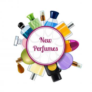 Vector perfume bottles under circle with place for text illustration. Set of bottle perfume vial, colored badge or emblem