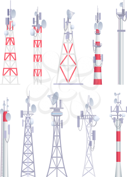 Communication tower. Cellular broadcasting tv wireless radio antena satellite construction vector pictures in cartoon style. Illustration of tower for radio communication, satellite antena