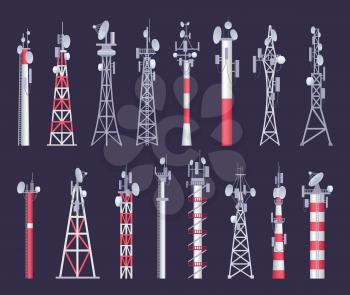 Wireless tower. Tv radio network communication satellite antena signal vector pictures. Illustration of set radio tower and network transmission broadcasting