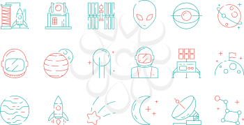 Space colored icon. Astronomy collection universe discovery astronaut alien shuttle rocket lunar radar vector futuristic symbols. Outline astronaut and alien, launch station illustration