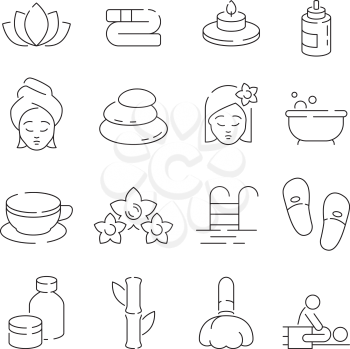 Spa icon set. Wellness therapy massage woman relaxing sauna pool with flowers candles and stones vector thin symbols. Beauty and spa, care and therapy illustration