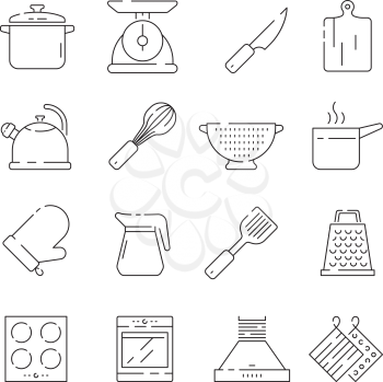 Cooking items icon. Kitchen appliances scoop pan spoons and forks plates electronic scale vector simple thin symbols. Illustration of cookware and saucepan, potholder and kitchenware