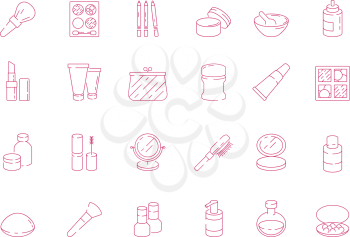 Cosmetics icon. Beauty woman makeup items cream gel lipstick eyeshadows nail polish vector outline pictures. Illustration of cosmetic eyeliner and lipstick, gel and mascara
