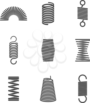 Metal flexible spiral. Suspension steel wire coils vector icon collection. Illustration of suspension wire, flexible steel curve, flexibility spiral