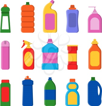 Detergent bottles. Cleaning products container household items laundry service vector flat illustrations. Detergent bottle container isolated for hygiene and household