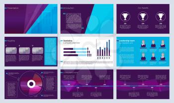 Slideshow template. Business magazine pages or annual report designs with colored abstract shapes and text vector. Illustration of leaflet project, slide template information