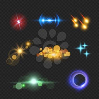 Shining lens flare effects. Solar light bokeh realistic vector template. Realistic glowing, flare lens bokeh, explosion sparkle, glitter and dazzle, bursting illuminated illustration