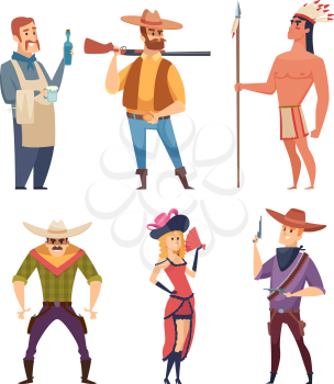 Cowboys western. Wildlife country characters with horses vector cartoon cliparts. West country characters, indian cowboy with gun illustration
