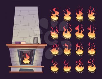Interior fireplace. Keyframe animation of burning fire place for relax vector cartoons. Illustration of fireplace hot, burn flame