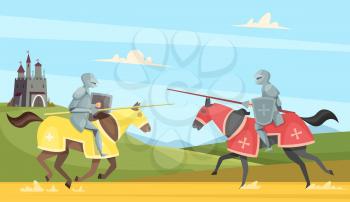 Knights tournament. Medieval chivalry prince in brutal armour helmet warriors on horse vector cartoon background. Chivalry warrior on horse, tournament medieval illustration